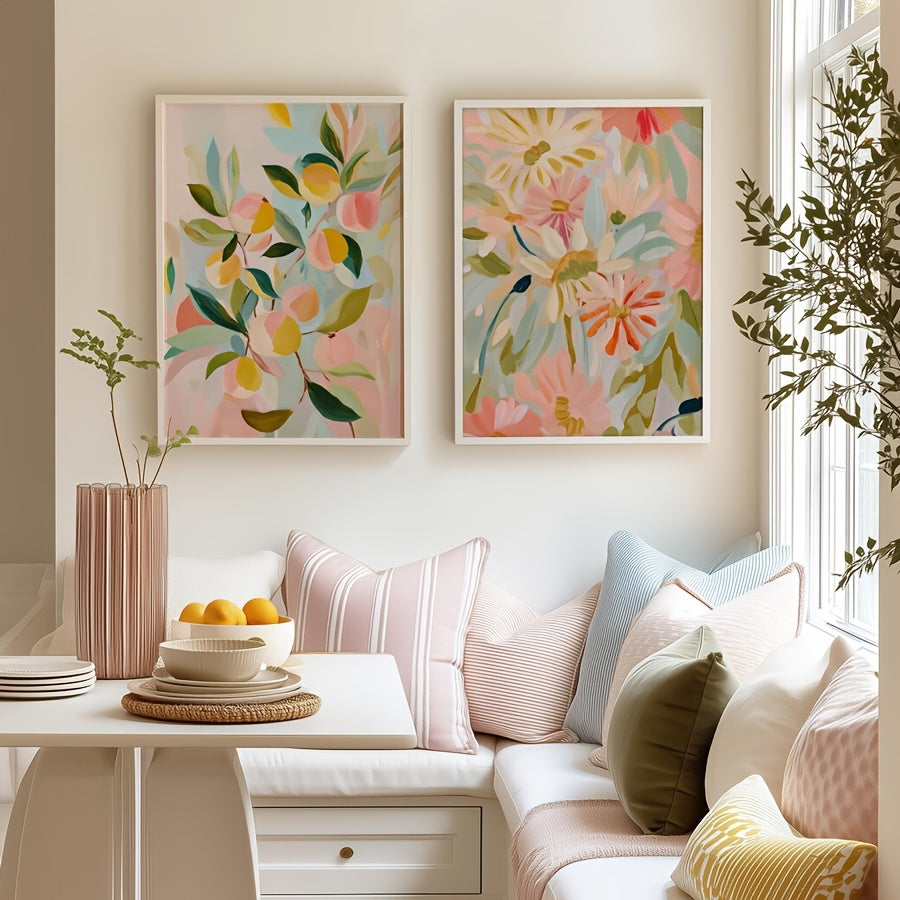 Pastel Floral and Fruit Canvas Wall Art Set of 2, Boho Botanical Prints for Kitchen or Living Room — artwork and room preview