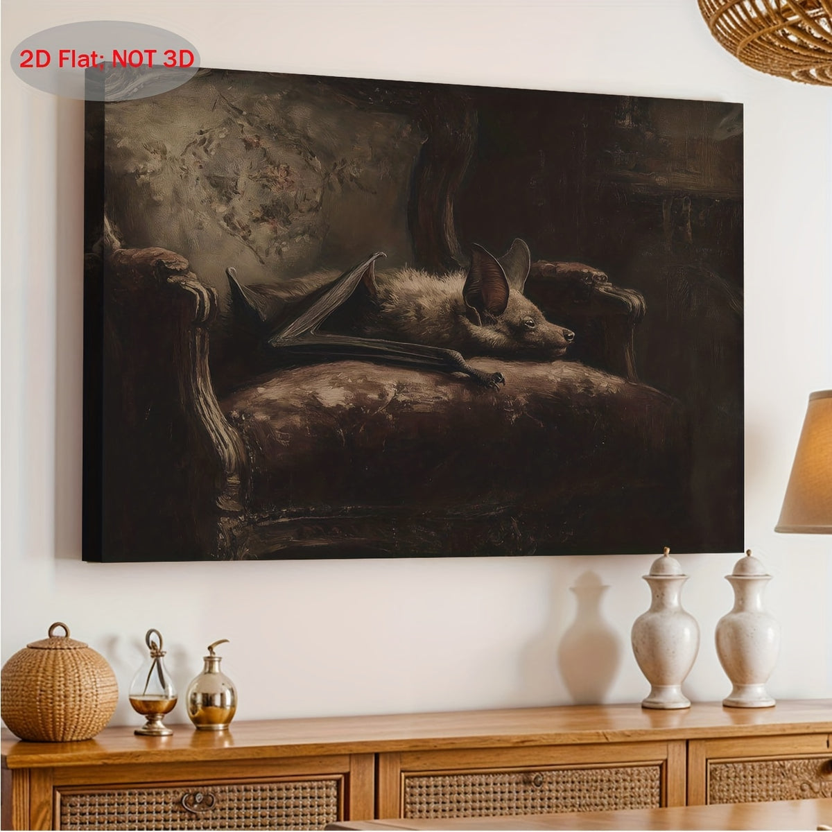 Gothic Vampire Bat Canvas Wall Art, Dark Victorian Sofa Scene for a Moody Bedroom or Living Room — artwork and room preview