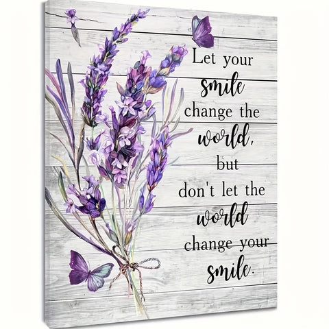 Lavender's Joy Canvas Wall Art, Purple Flowers and Butterflies with a Rustic Inspirational Smile Quote — artwork and room preview