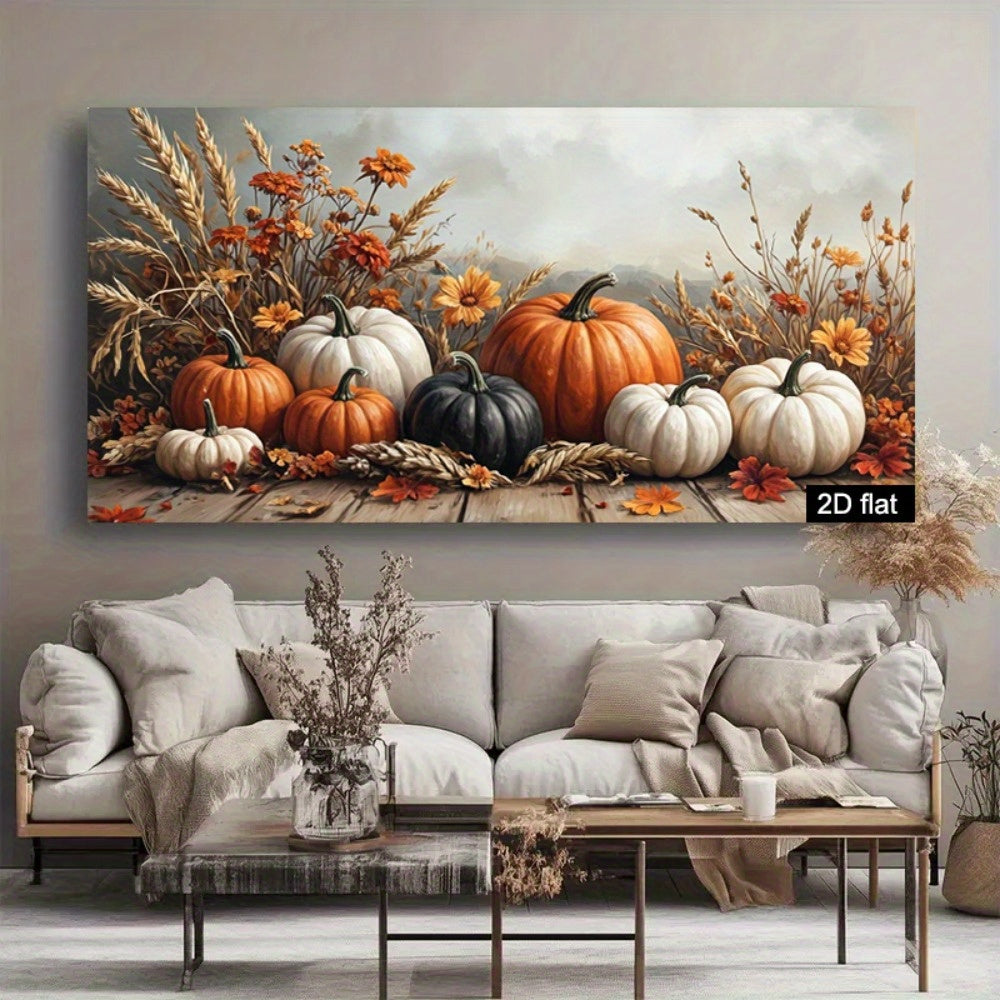 Autumn Harvest Canvas Wall Art, Orange White and Green Pumpkins with Rustic Fall Flowers — artwork and room preview