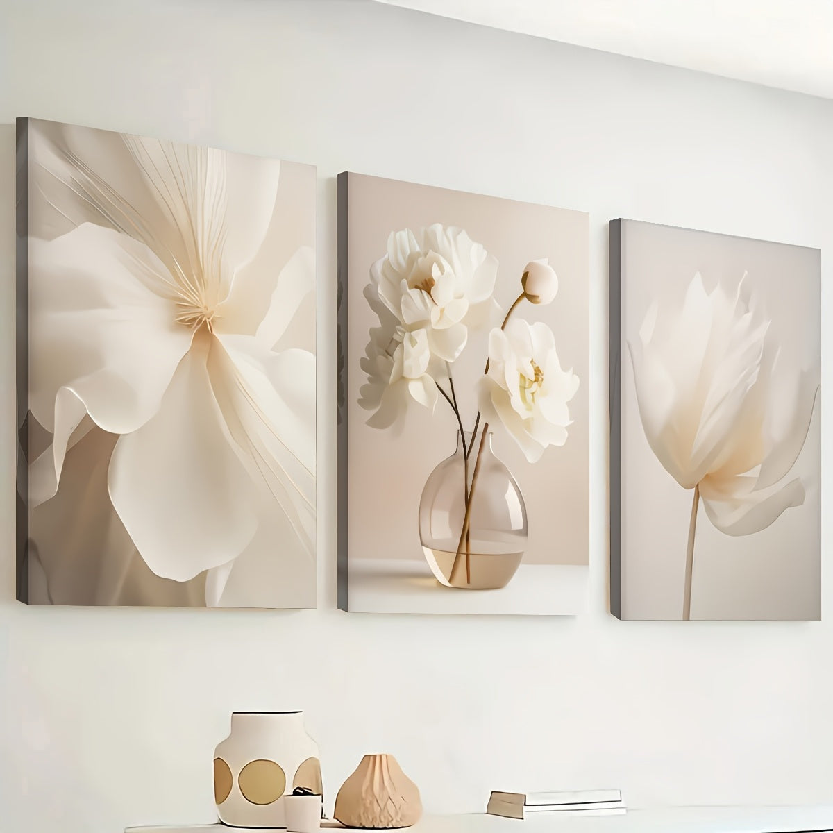 Beige Floral Canvas Wall Art Set of 3, Soft White Petals and Vase Still Life for Modern Bedroom — artwork and room preview