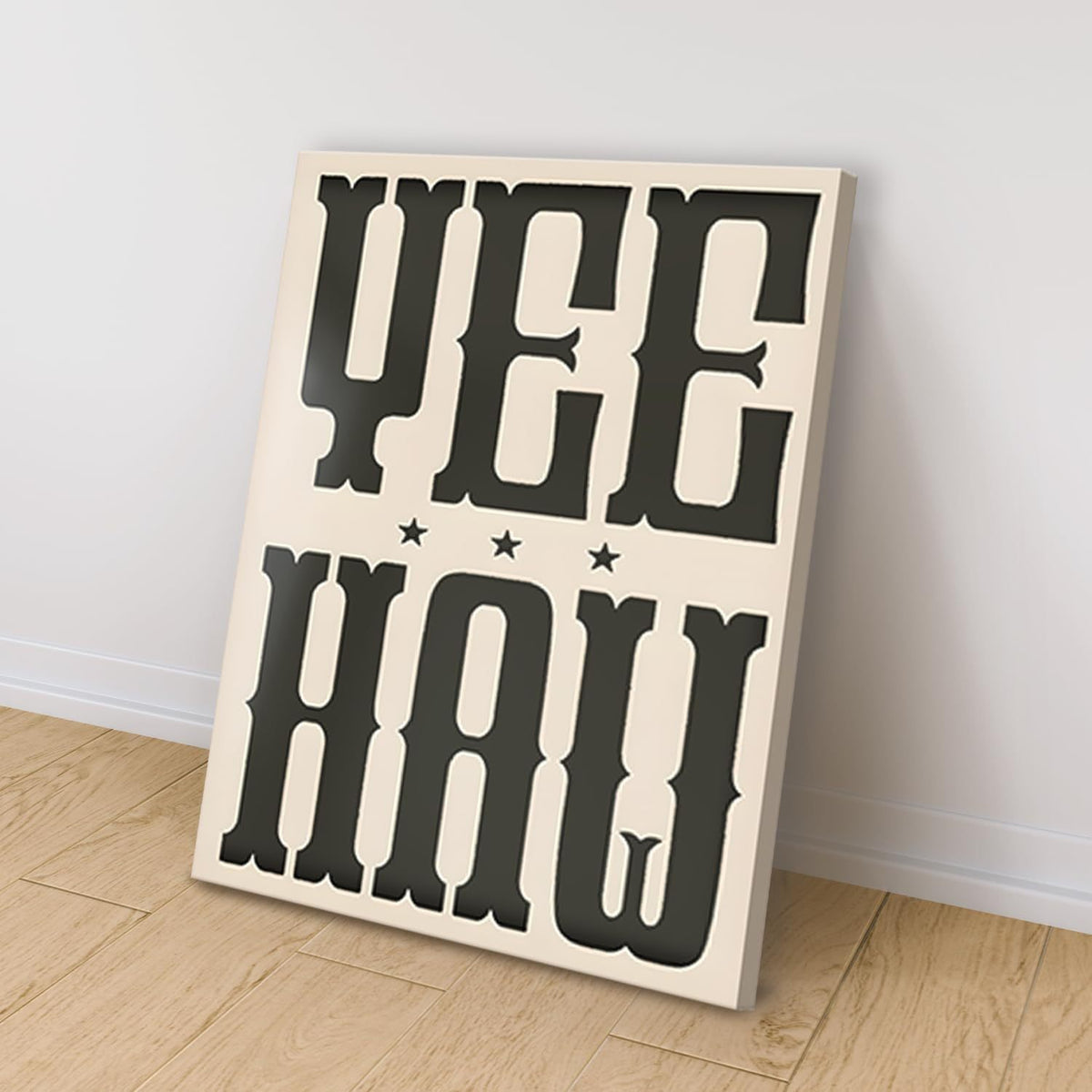 Yee Haw Canvas Wall Art, Bold Vintage Western Typography in Black and Cream for Country Decor — artwork and room preview