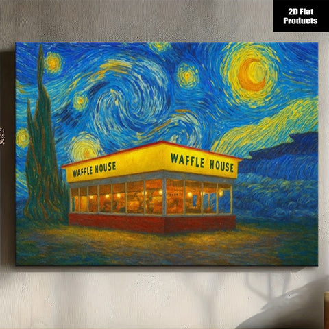 Starry Night Waffle House Canvas Wall Art, Blue and Yellow Swirling Sky with a Nighttime Diner Scene — artwork and room preview
