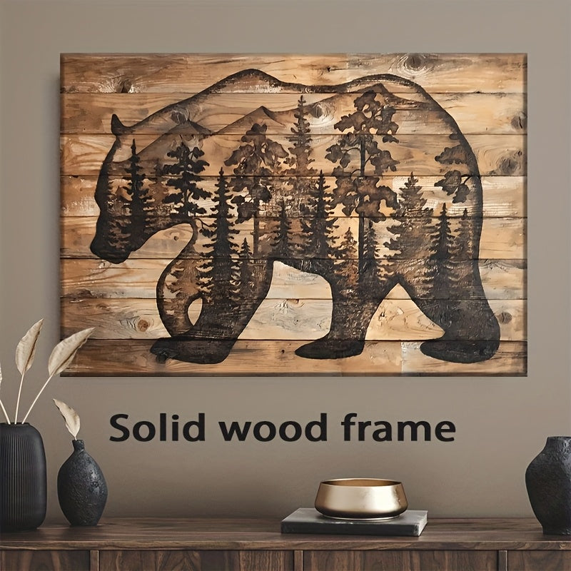 Bear Forest Silhouette Canvas Wall Art, Rustic Pine Trees and Mountain Scene on a Wood Effect Background — artwork and room preview