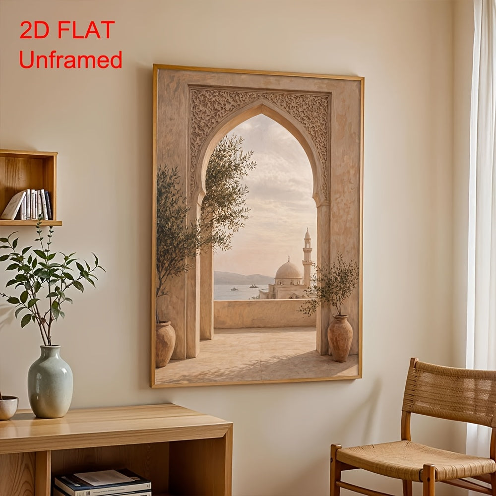 Islamic Arch Canvas Wall Art, Serene Mosque View and Neutral Architecture for Living Room — artwork and room preview