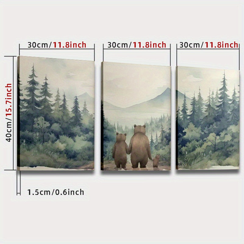 Bear Family Canvas Wall Art Set of 3, Gentle Woodland Animals and Misty Green Forest for Nursery — artwork and room preview
