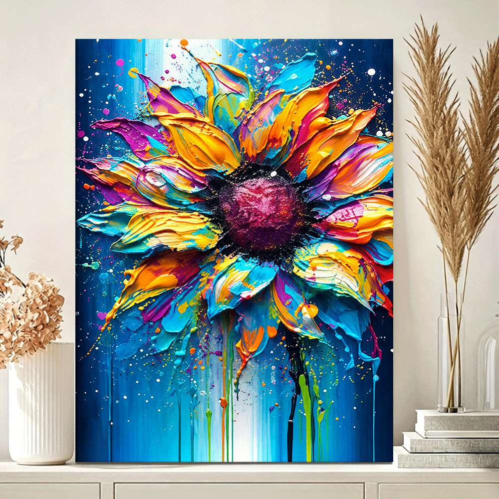 Colorful Abstract Sunflower Canvas Wall Art, Vibrant Rainbow Petals on a Deep Blue Background — artwork and room preview