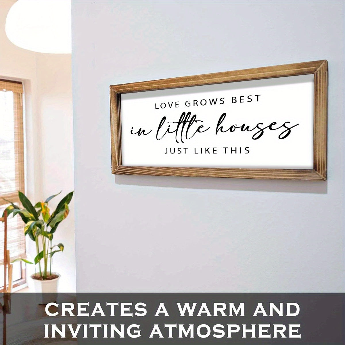Love Grows Best in Little Houses Canvas Wall Art, Rustic Farmhouse Quote Print in Neutral Tones — artwork and room preview
