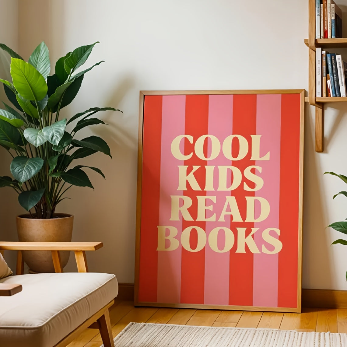 Cool Kids Read Books Canvas Wall Art, Pink and Red Striped Typography for Bedroom or Classroom — artwork and room preview