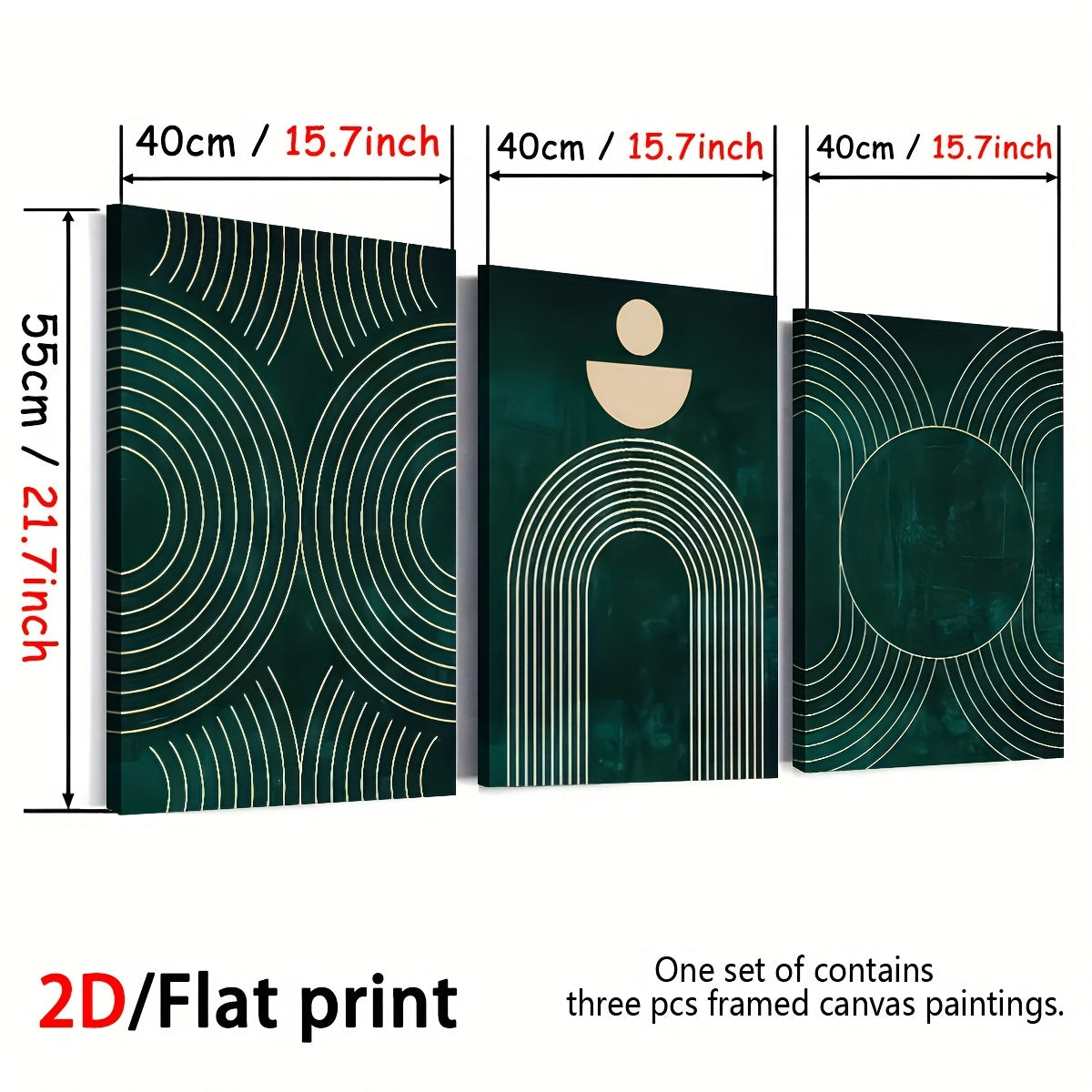 Emerald Green Abstract Canvas Wall Art Set of 3, Minimalist Fine Lines and Cream Geometric Shapes — artwork and room preview