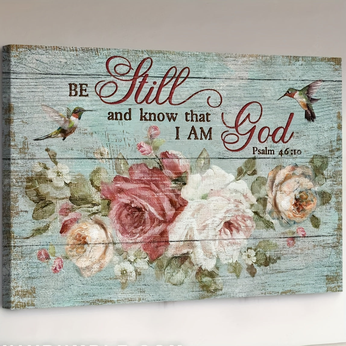 Be Still and Know That I Am God Canvas Wall Art, Pink Roses and Hummingbirds on Rustic Blue — artwork and room preview