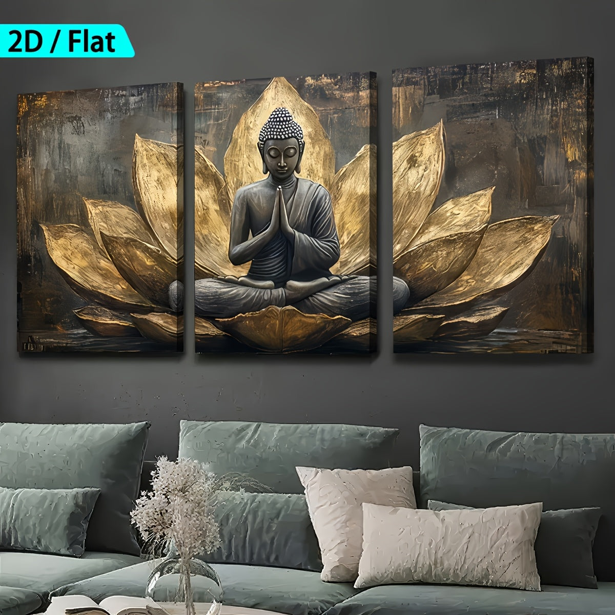 Buddha Lotus Canvas Wall Art Set of 3, Black and Gold Meditation Triptych for Living Room — artwork and room preview
