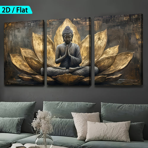 Buddha Lotus Canvas Wall Art Set of 3, Black and Gold Meditation Triptych for Living Room — artwork and room preview