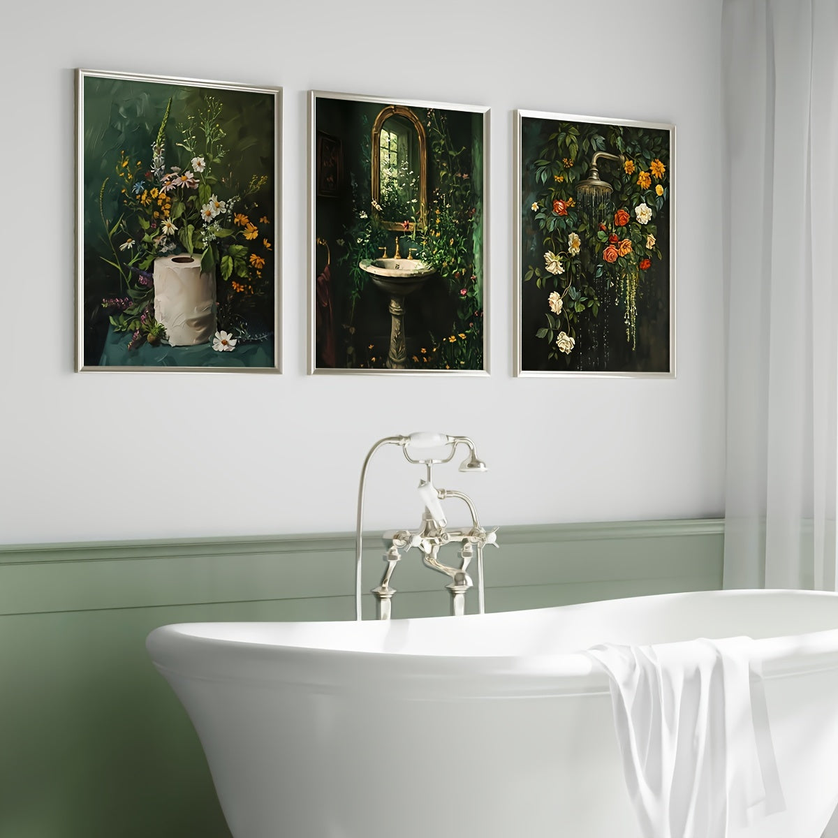 Dark Green Bathroom Canvas Wall Art Set of 3, Vintage Floral Toilet Sink and Shower Scenes — artwork and room preview