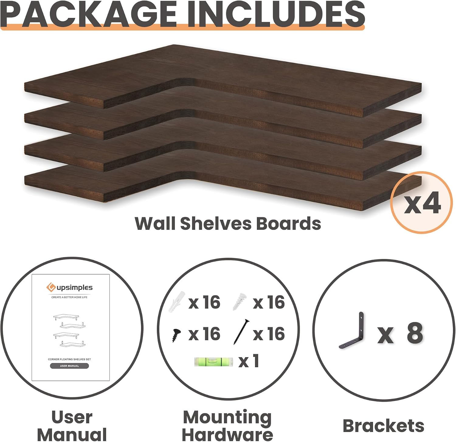 upsimples Corner Floating Wall Shelves Set of 4, Rustic Wood Shelves for Living Room, Bathroom, Bedroom, Kitchen Decor and Storage (Dark Brown)