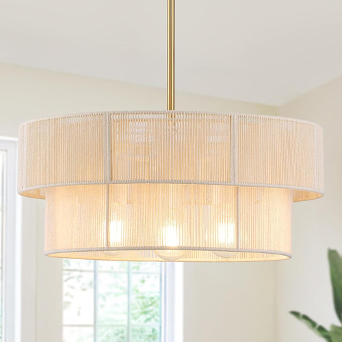 17.7 in Woven Rattan Boho Pendant Light – White – image 1