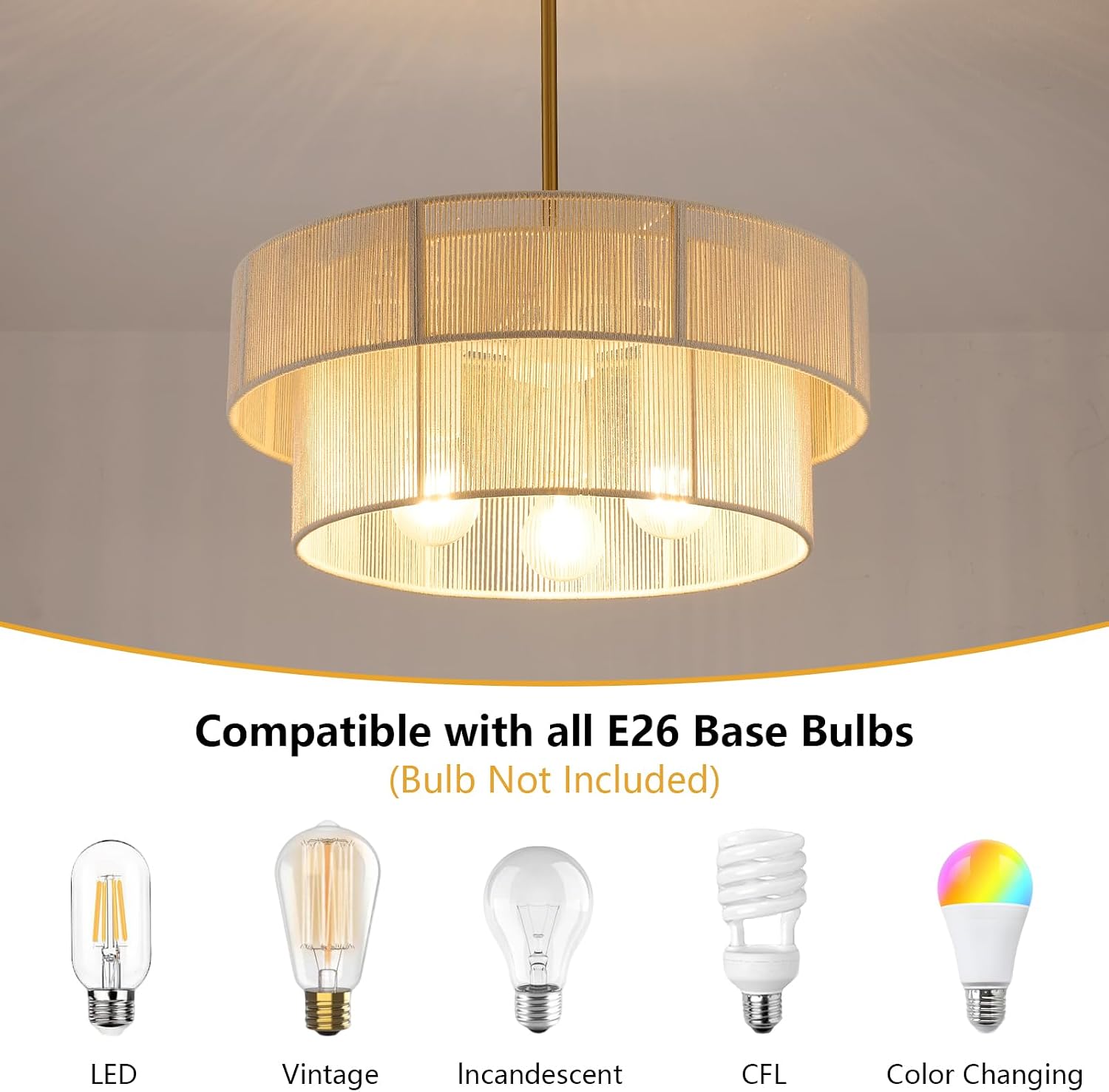 17.7 in Woven Rattan Boho Pendant Light – White – image 3