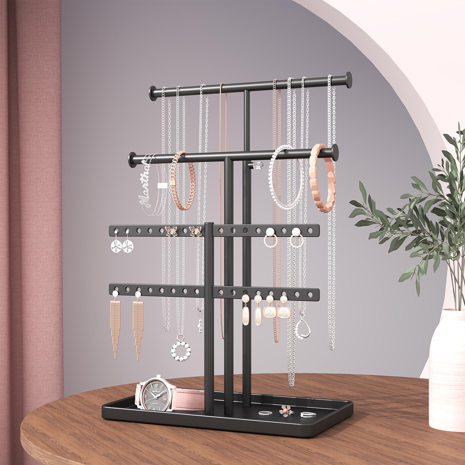 Jewelry Holder Organizer Necklace Display: Metal Aesthetic Room Decor Tree Stand for Necklace Bracelet Hanger and Earrings Storage beautiful jewelry tower for mom wife girlfriend (Gold)