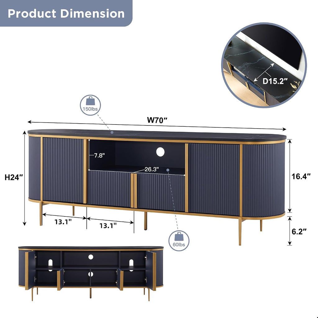 OKD Luxury 70" Fluted TV Stand, Modern Entertainment Center for TVs Up to 80 inches, TV Console with Faux Marble Top, Curved Profile Design, Media Console for Living Room, Navy Blue