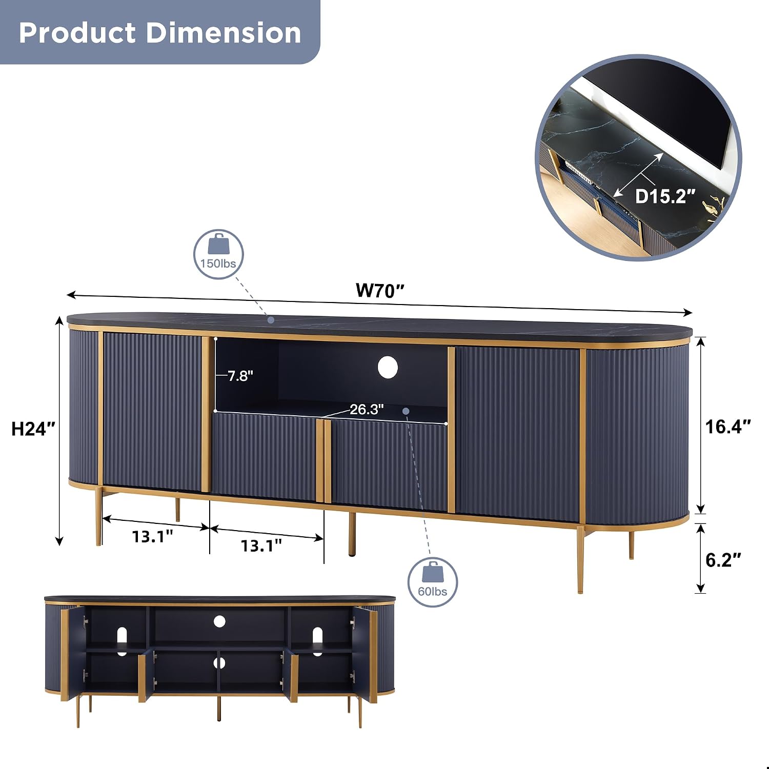 OKD Luxury 70" Fluted TV Stand, Modern Entertainment Center for TVs Up to 80 inches, TV Console with Faux Marble Top, Curved Profile Design, Media Console for Living Room, Navy Blue