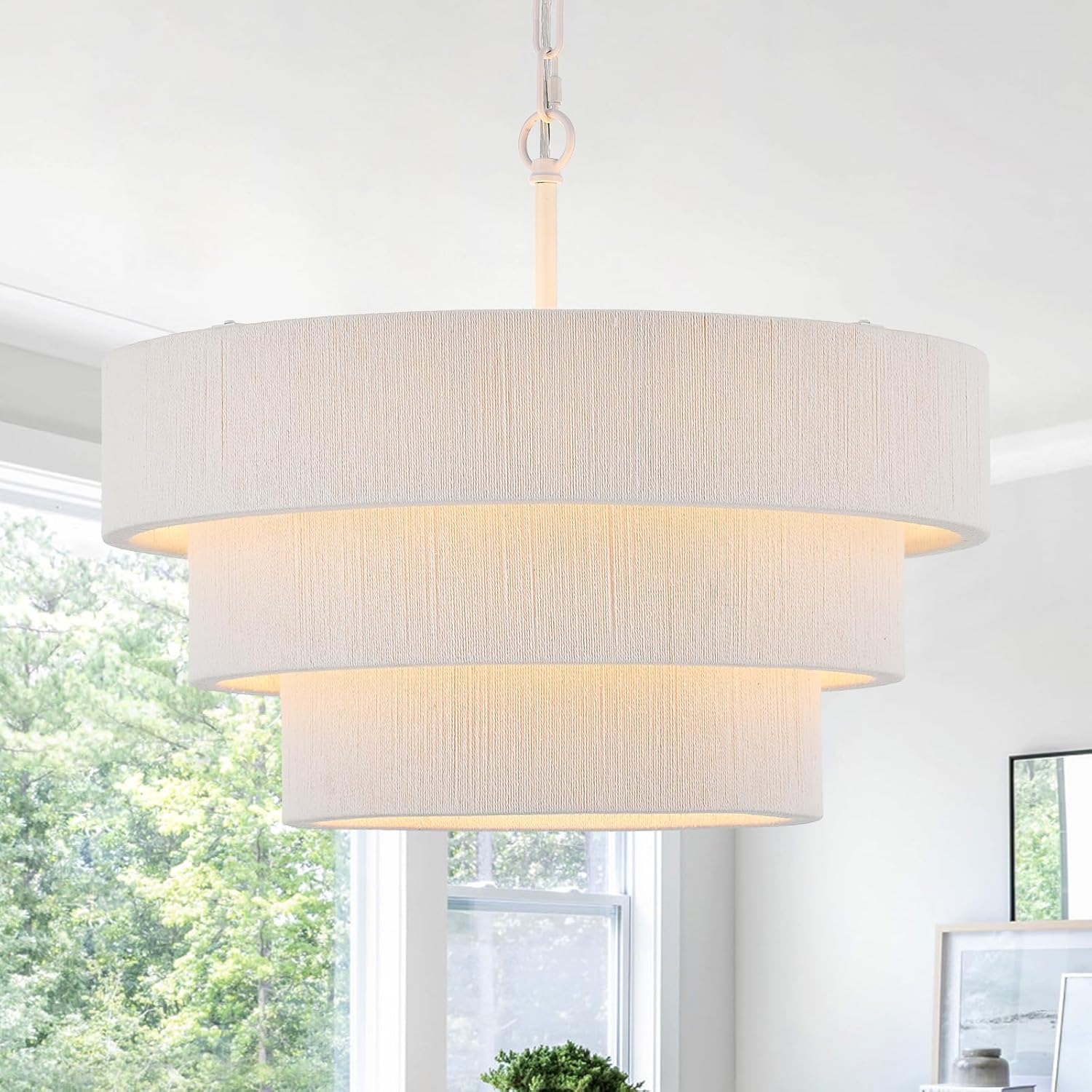 20 in Woven Rattan Boho Pendant Light – White – image 10