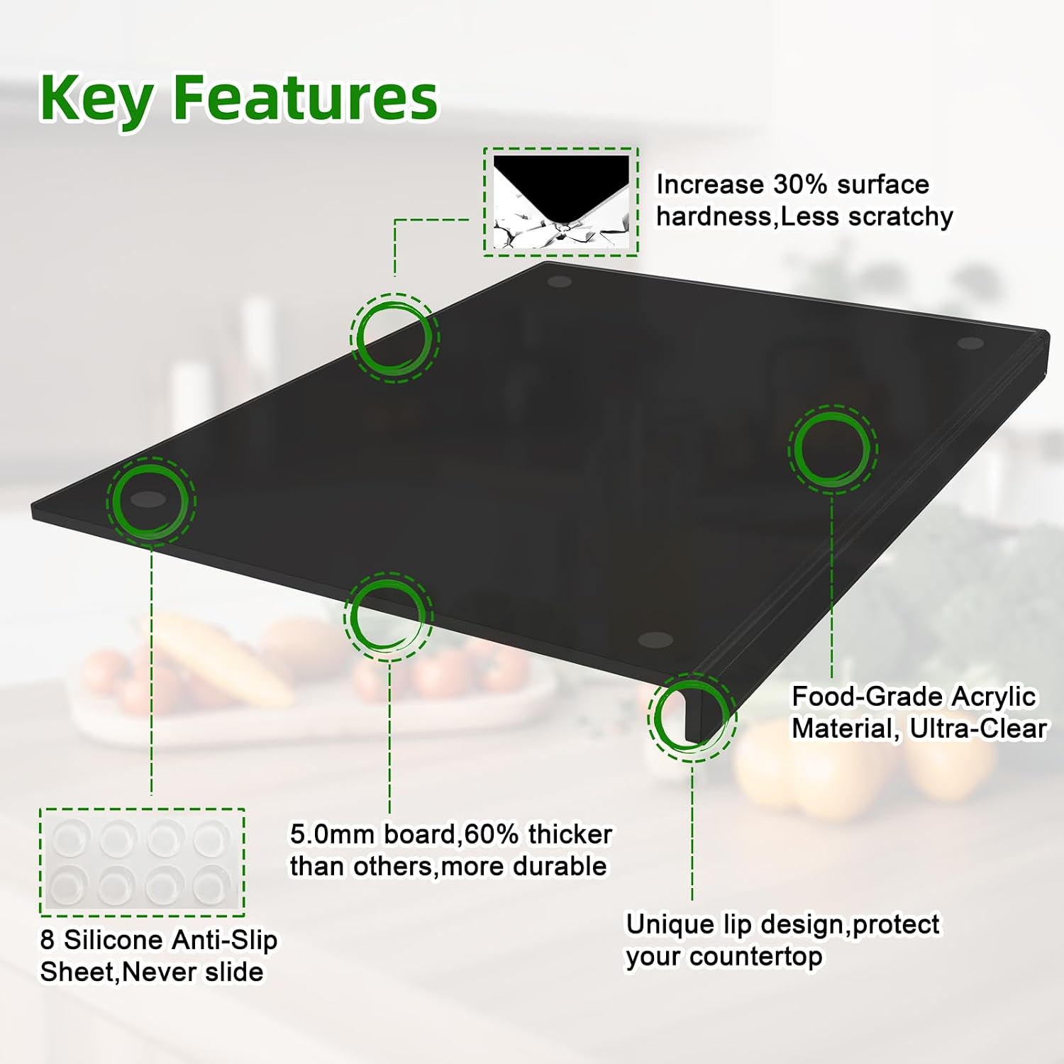 Acrylic Cutting Board with Counter Lip,17.5"x13.5" Clear Cutting Board for Kitchen Countertop,Non-Slip,60% Thicker,Perfect for Bread,Meat,Veggies & More,Great Kitchen Essential Gadgets & Decor