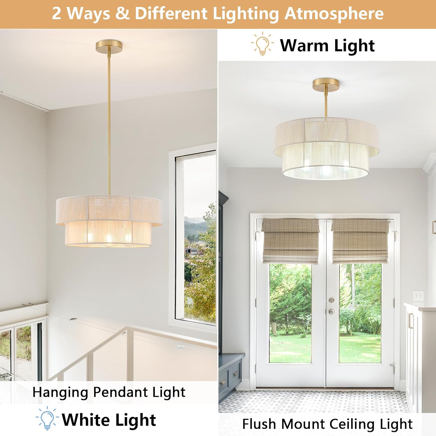 17.7 in Woven Rattan Boho Pendant Light – White – image 4