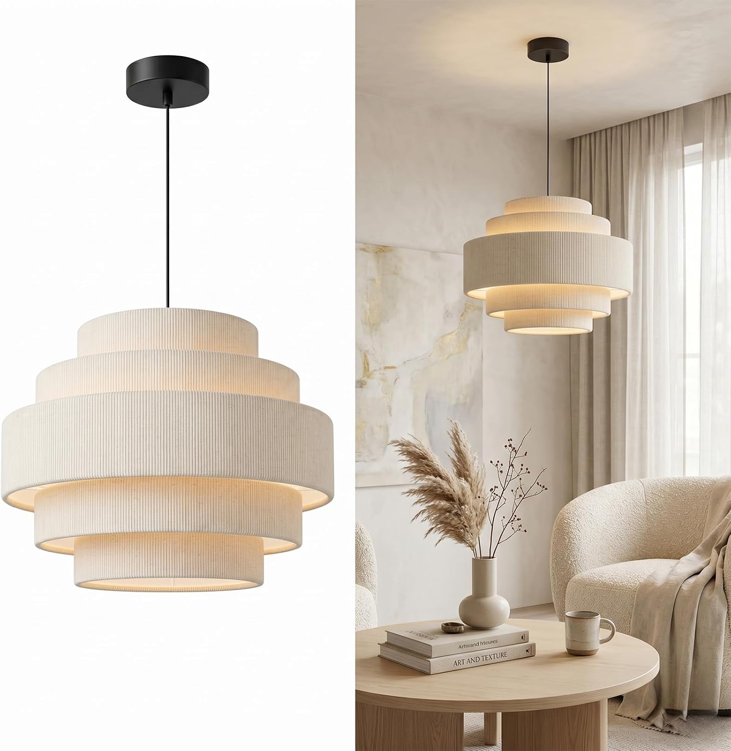13 in Five-Tier Linen Drum Pendant Light – Beige – image 10