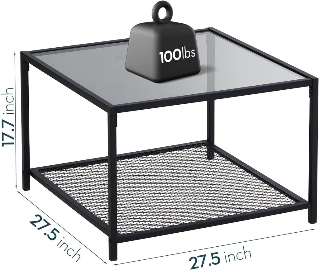 SAYGOER Glass Coffee Table, Small Modern Coffee Table Square Simple Center Tables for Living Room 26.7 x 26.7 x 15.7 Inches, Gray Black