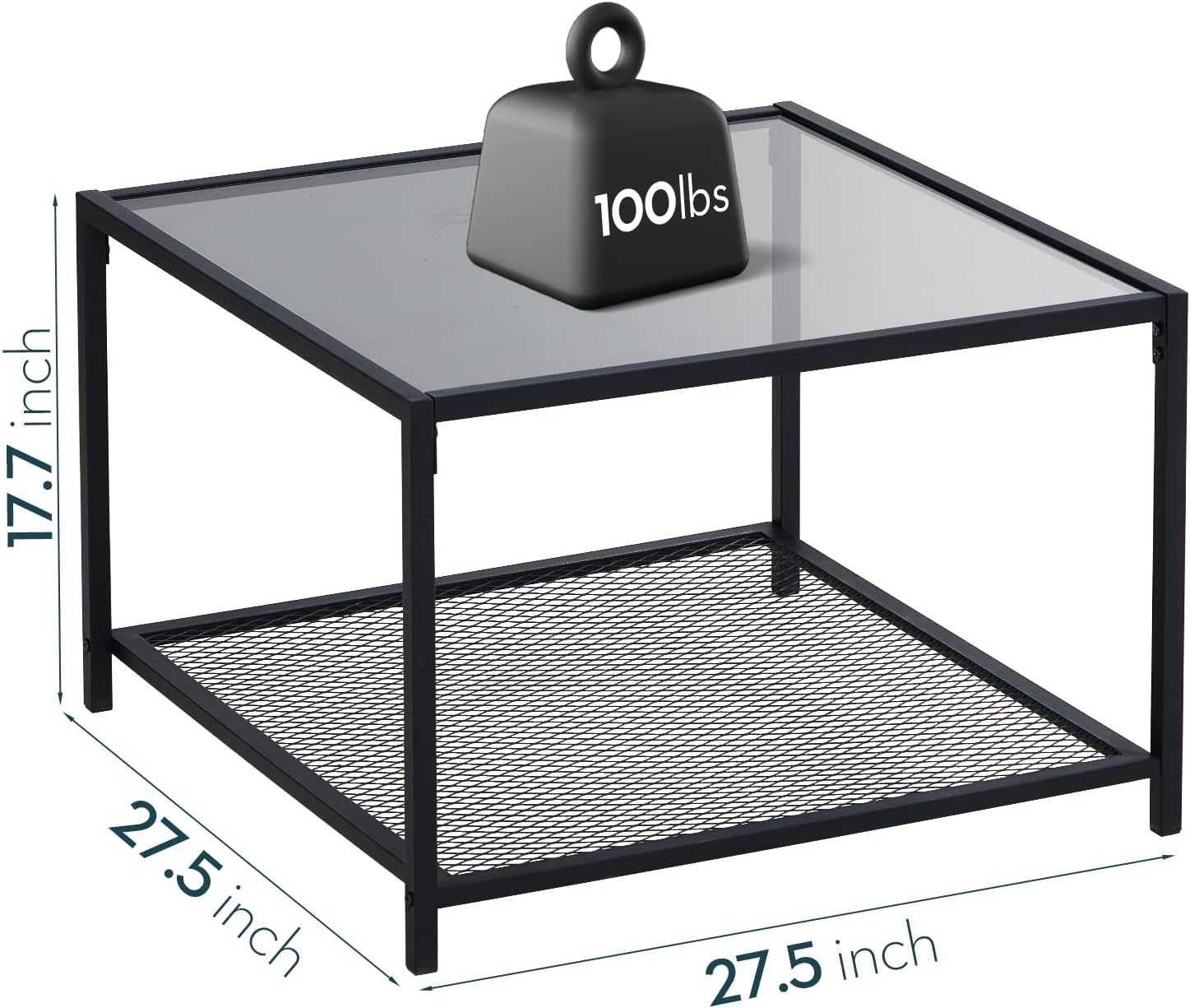 SAYGOER Glass Coffee Table, Small Modern Coffee Table Square Simple Center Tables for Living Room 26.7 x 26.7 x 15.7 Inches, Gray Black