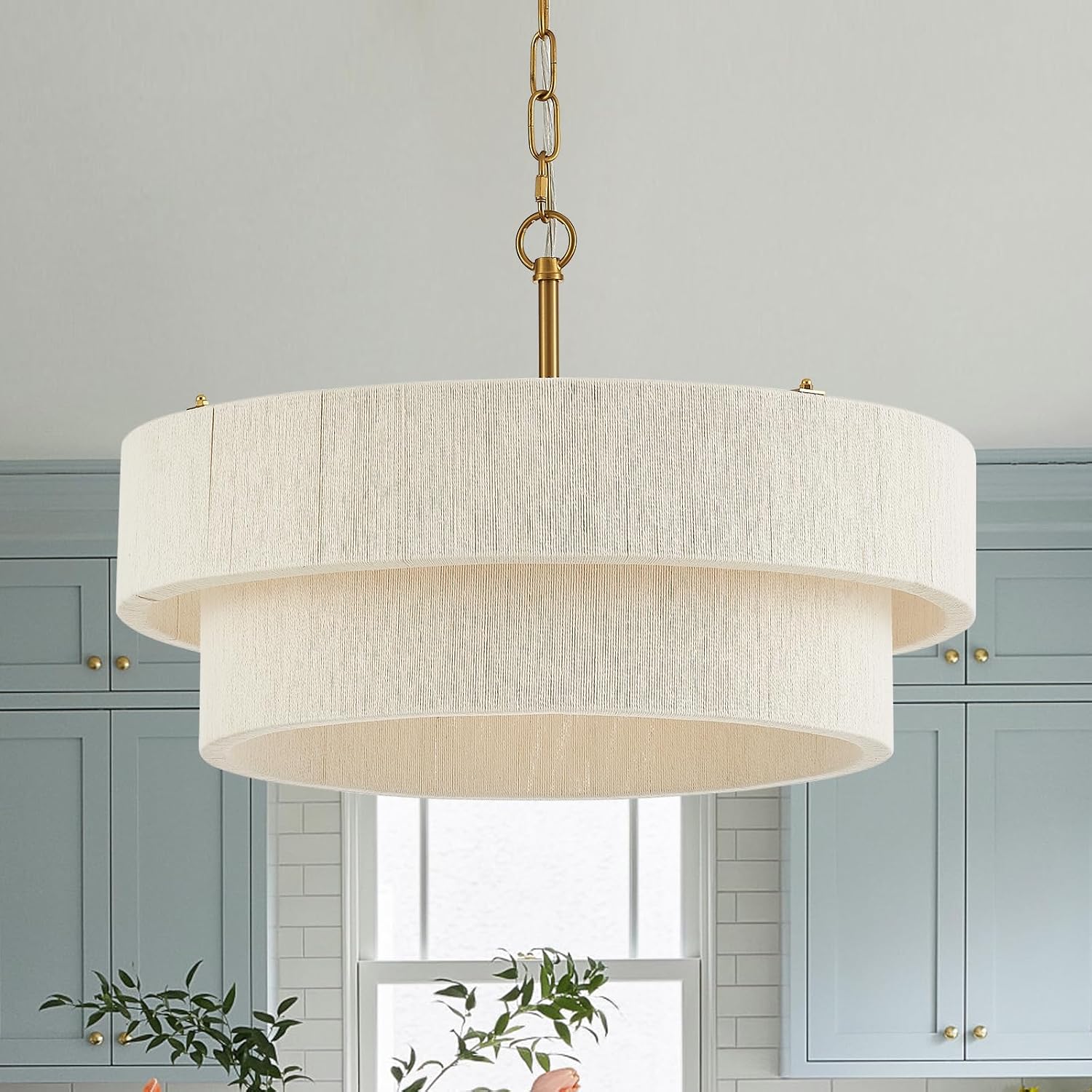 20 in Woven Rattan Boho Pendant Light – White – image 1