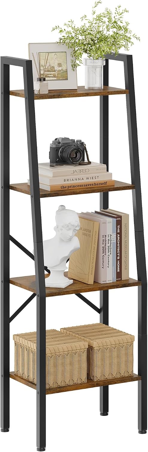 Hoctieon Ladder Shelf Bookcase, 4-Tier Industrial Tall Ladder Bookshelf with Metal Frame for Living Room, Kitchen, Home Office, Bedroom, Rustic Brown