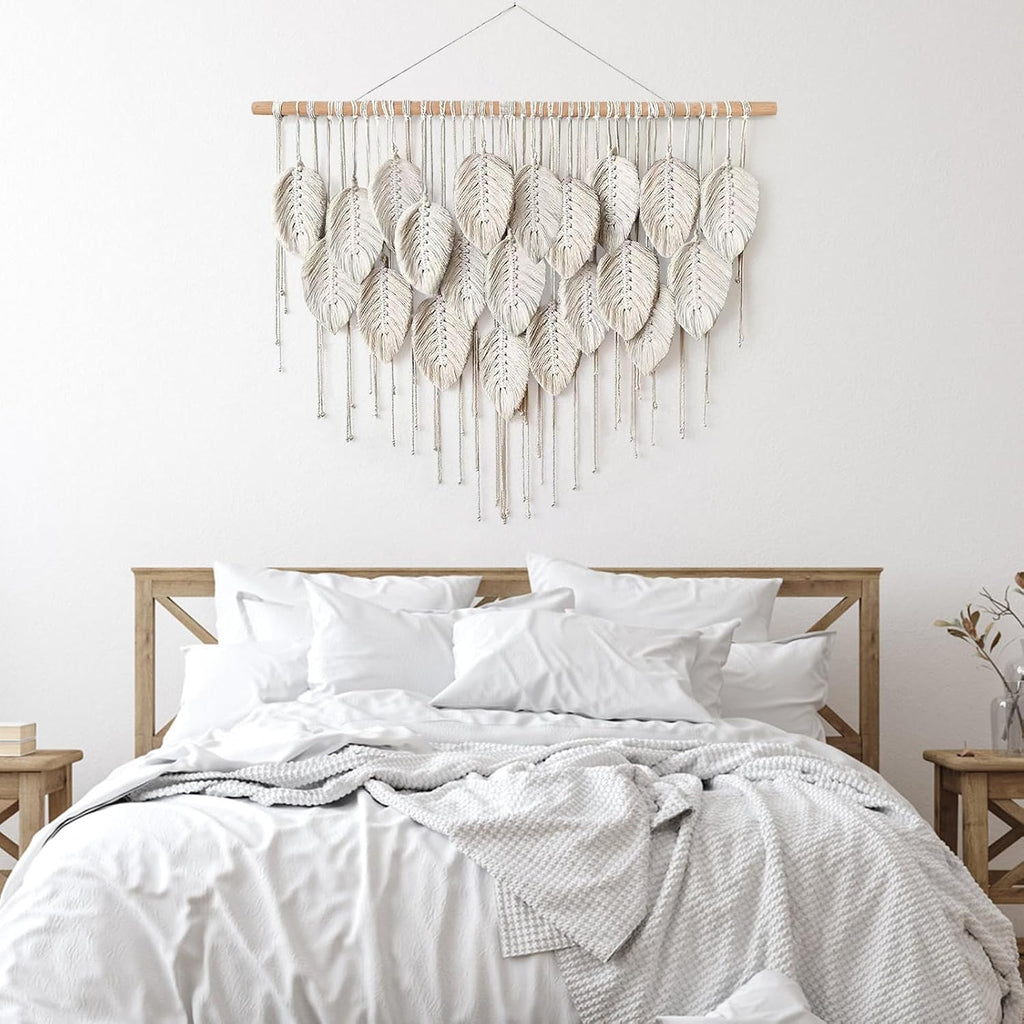 LOMOHOO Macrame Wall Hanging Boho Beige Leaves Tapestry Bohemian Handmade Woven Wall Art Decoration for Bedroom Living Room Apartment Dorm Gallery Perfect Handmade Gift Ideas