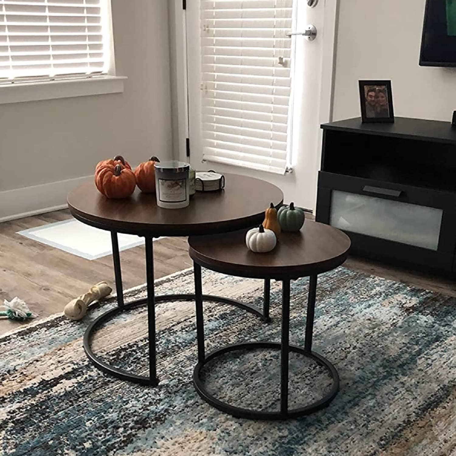 aboxoo Coffee Table Nesting White Set of 2 Side Set Golden Frame Circular Round and Marble Pattern Wooden Tables, Living Room Bedroom Apartment Modern Industrial Simple Nightstand