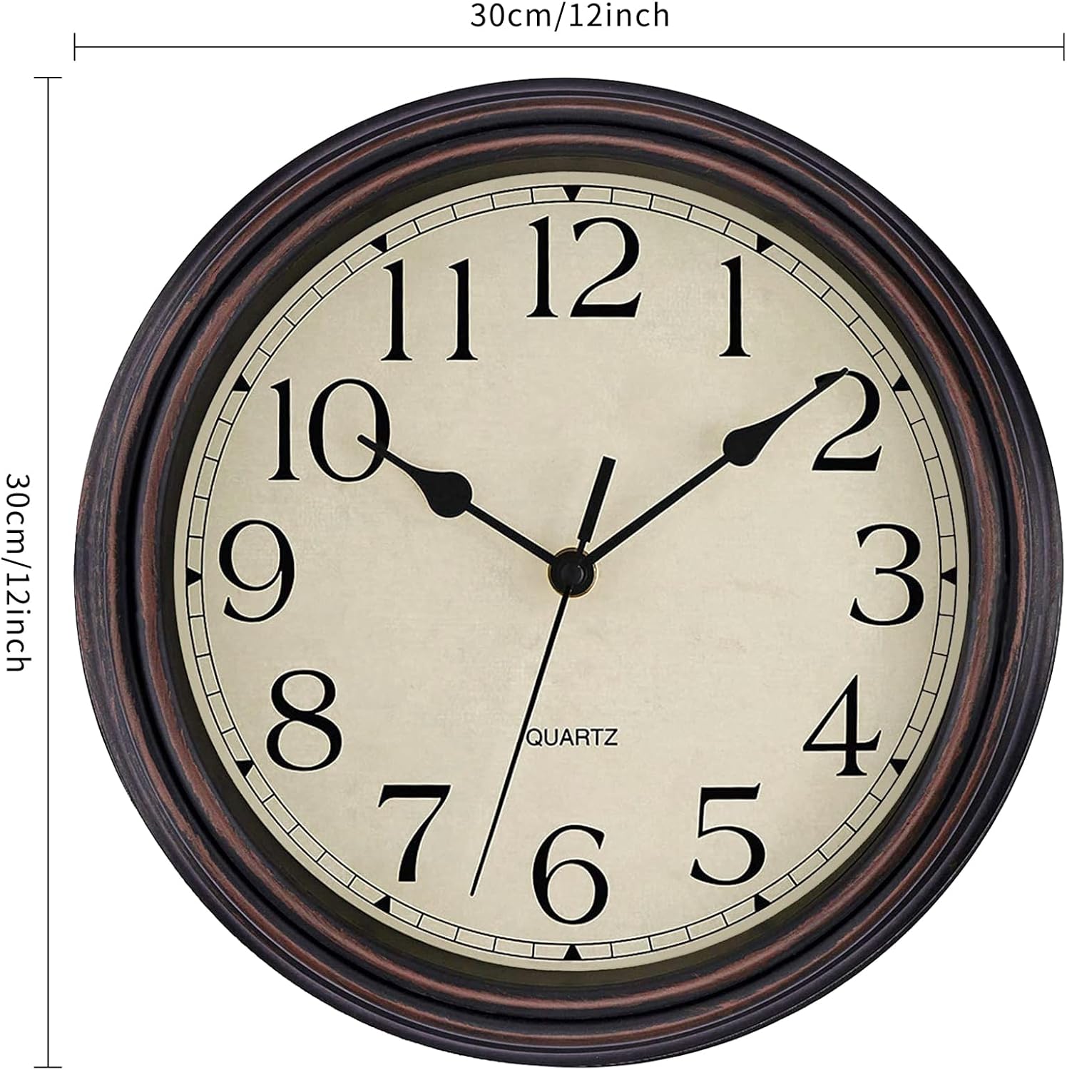 Foxtop Retro Silent Non-Ticking Round Classic Clock Quartz Decorative Battery Operated Wall Clock for Living Room Kitchen Home Office 12 inch (Bronze)