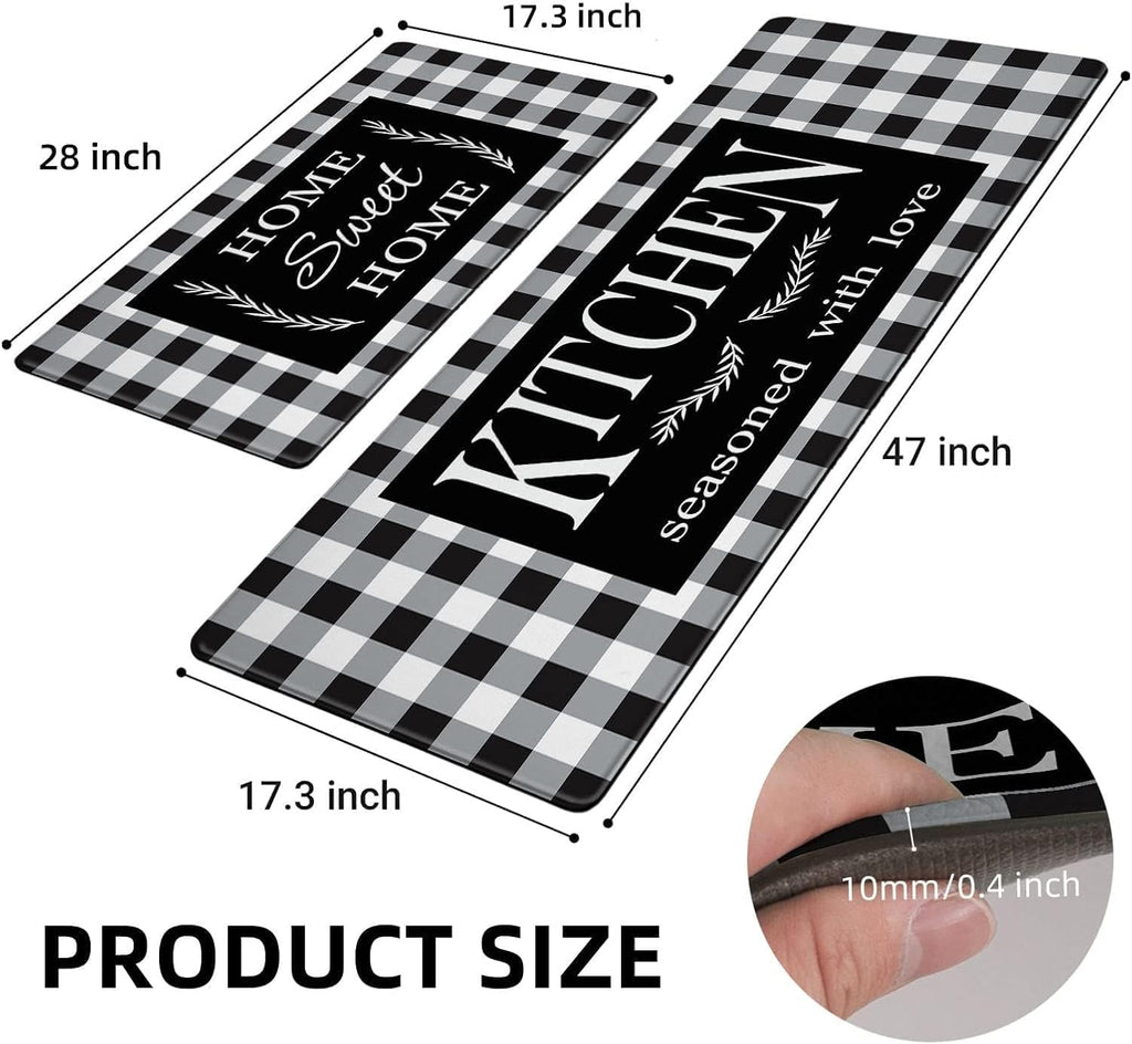 Black and White Buffalo Plaid Kitchen Rugs, Set of 2 Farmhouse Kitchen Quotes Checkered Kitchen Mats, Non-Skid Washable Anti Fatigue Comfort Standing Mats for Kitchen, Sink, 17.3x28+17.3x47 Inch