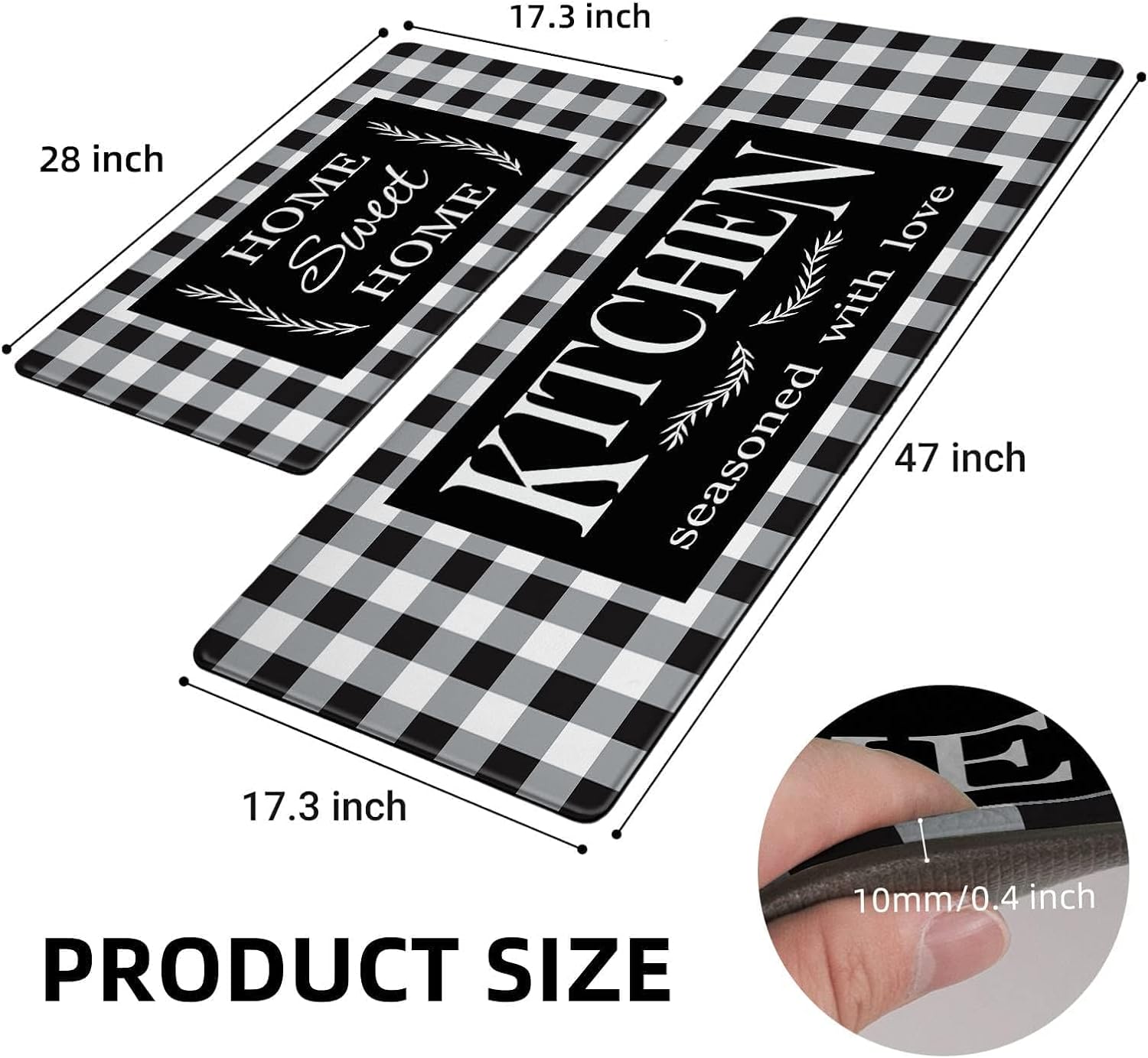 Black and White Buffalo Plaid Kitchen Rugs, Set of 2 Farmhouse Kitchen Quotes Checkered Kitchen Mats, Non-Skid Washable Anti Fatigue Comfort Standing Mats for Kitchen, Sink, 17.3x28+17.3x47 Inch
