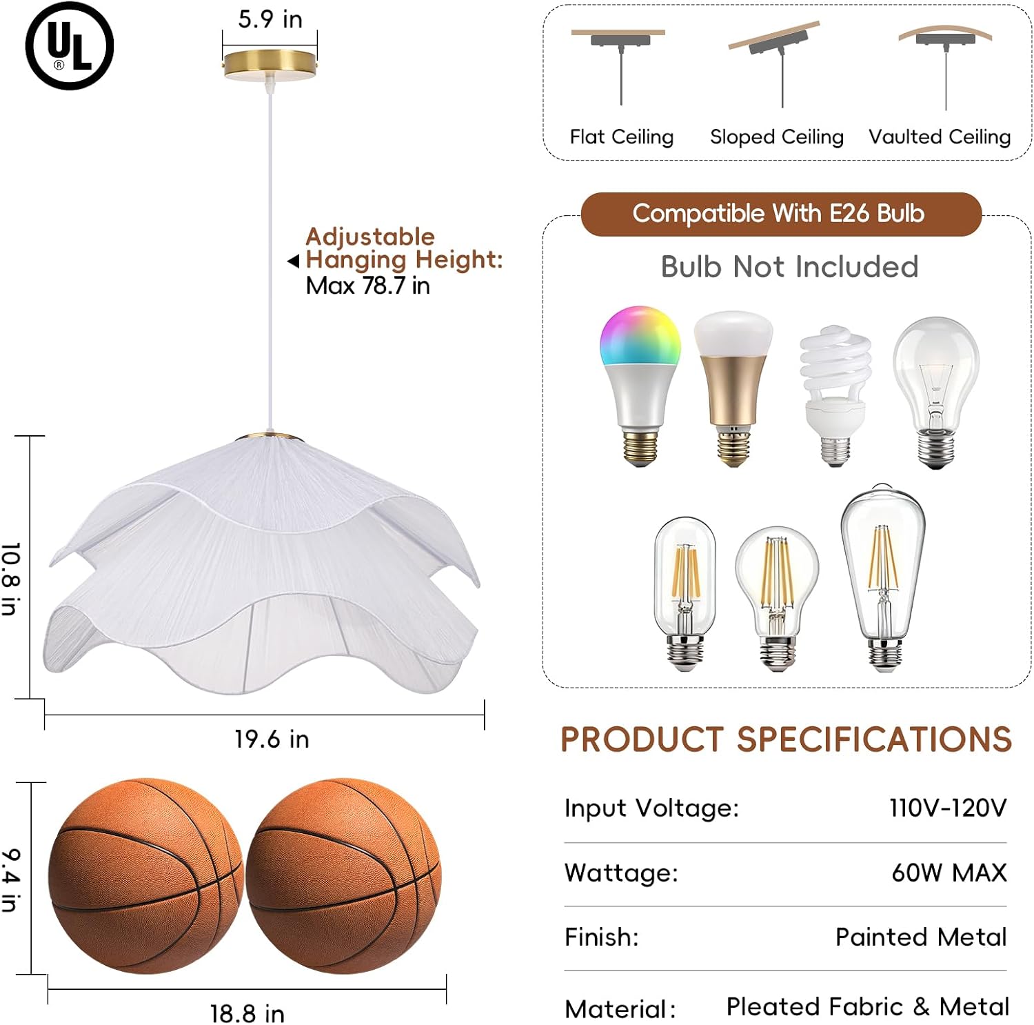 19.7 in Petal Fabric Pendant Light – White – image 4
