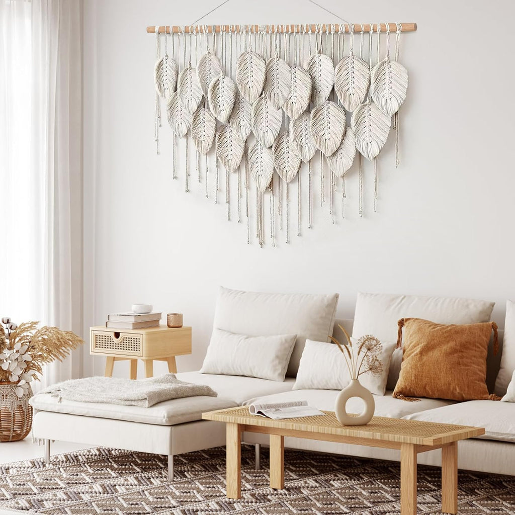 LOMOHOO Macrame Wall Hanging Boho Beige Leaves Tapestry Bohemian Handmade Woven Wall Art Decoration for Bedroom Living Room Apartment Dorm Gallery Perfect Handmade Gift Ideas