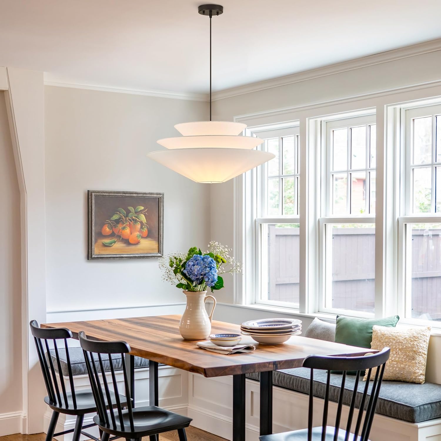 24 in Three-Layer Linen Pendant Light – Off White – image 2
