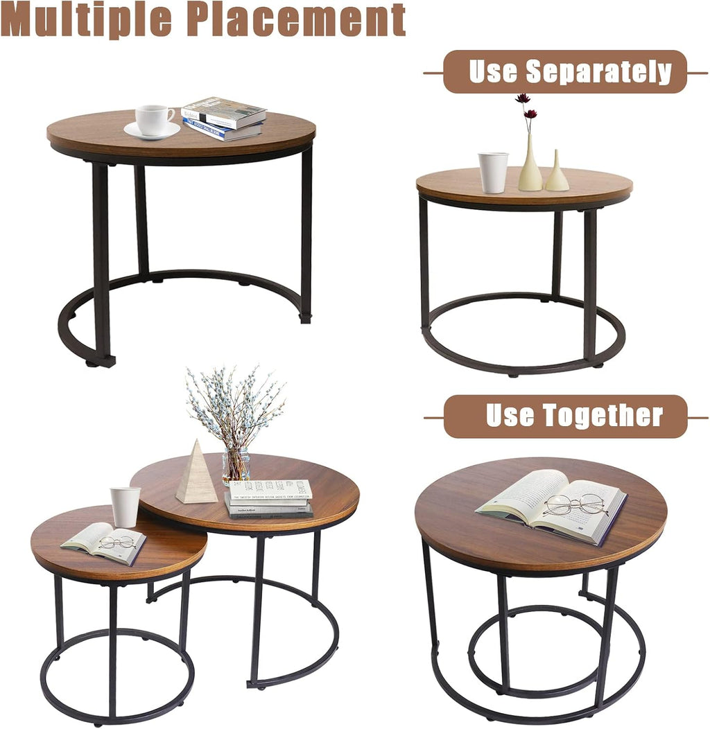 aboxoo Coffee Table Nesting White Set of 2 Side Set Golden Frame Circular Round and Marble Pattern Wooden Tables, Living Room Bedroom Apartment Modern Industrial Simple Nightstand