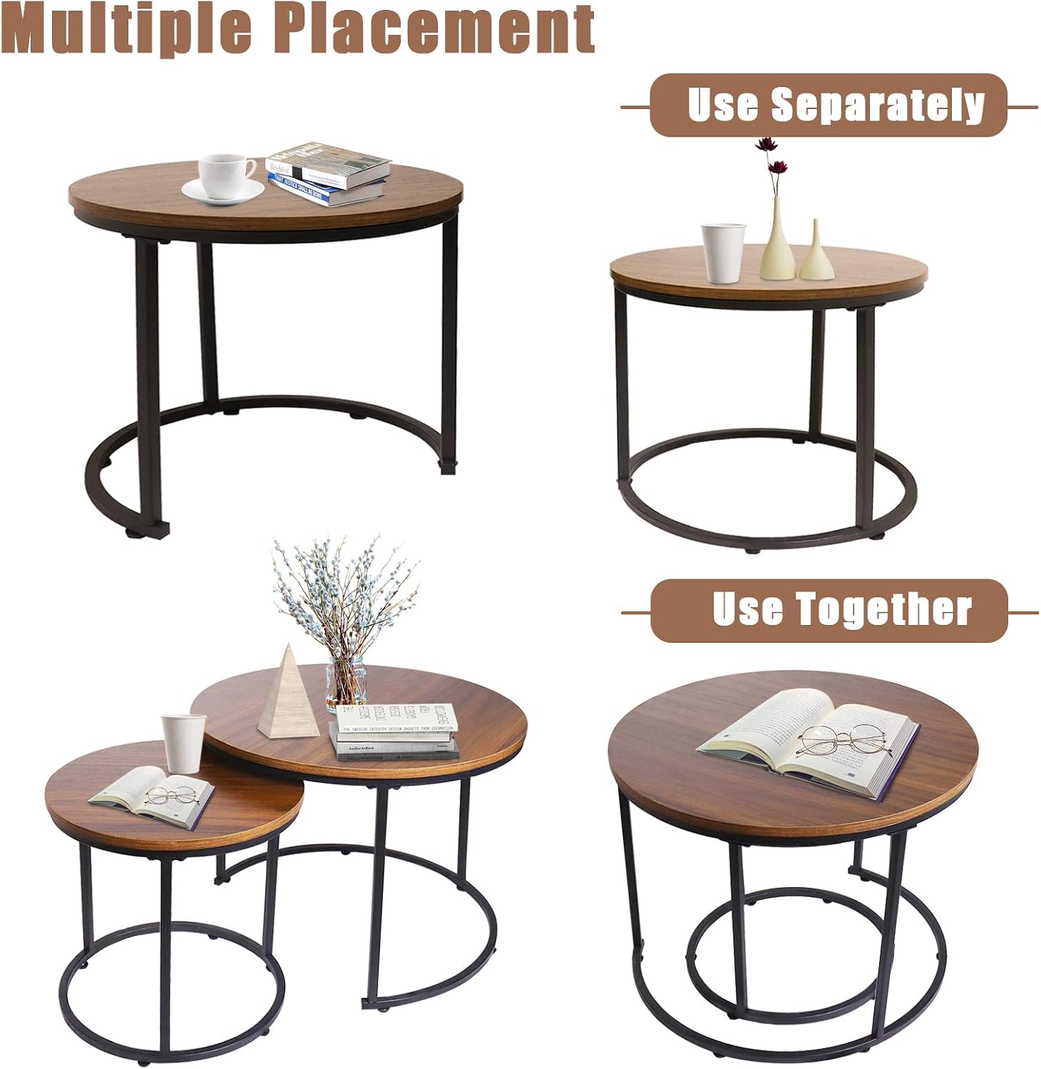 aboxoo Coffee Table Nesting White Set of 2 Side Set Golden Frame Circular Round and Marble Pattern Wooden Tables, Living Room Bedroom Apartment Modern Industrial Simple Nightstand