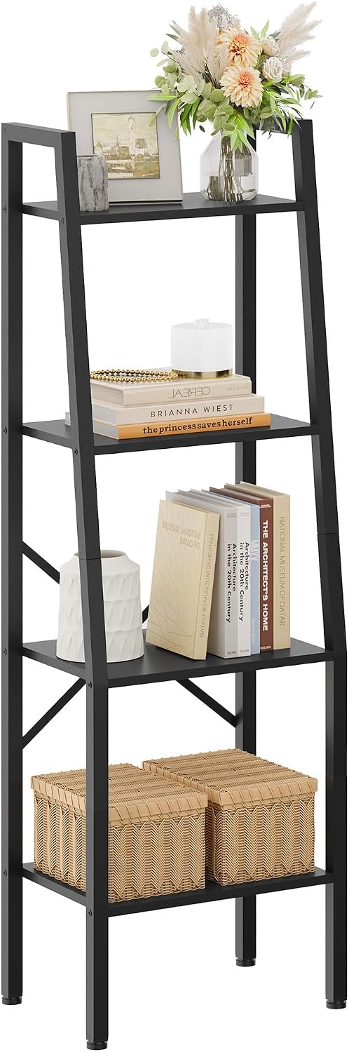 Hoctieon Ladder Shelf Bookcase, 4-Tier Industrial Tall Ladder Bookshelf with Metal Frame for Living Room, Kitchen, Home Office, Bedroom, Rustic Brown