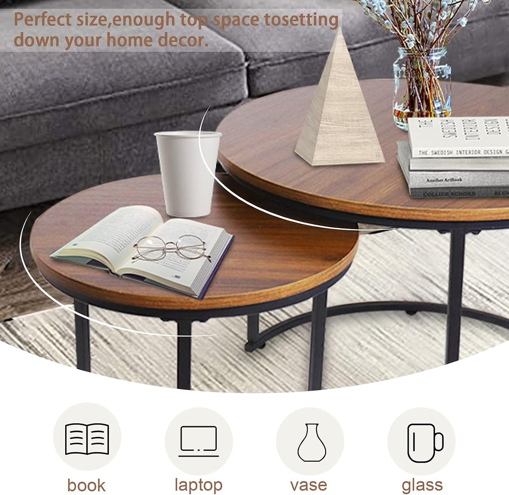 aboxoo Coffee Table Nesting White Set of 2 Side Set Golden Frame Circular Round and Marble Pattern Wooden Tables, Living Room Bedroom Apartment Modern Industrial Simple Nightstand
