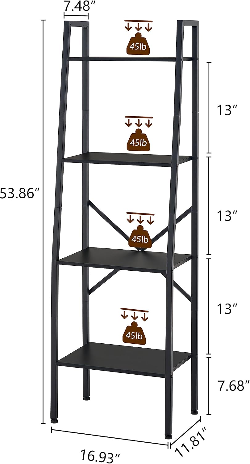 Hoctieon Ladder Shelf Bookcase, 4-Tier Industrial Tall Ladder Bookshelf with Metal Frame for Living Room, Kitchen, Home Office, Bedroom, Rustic Brown