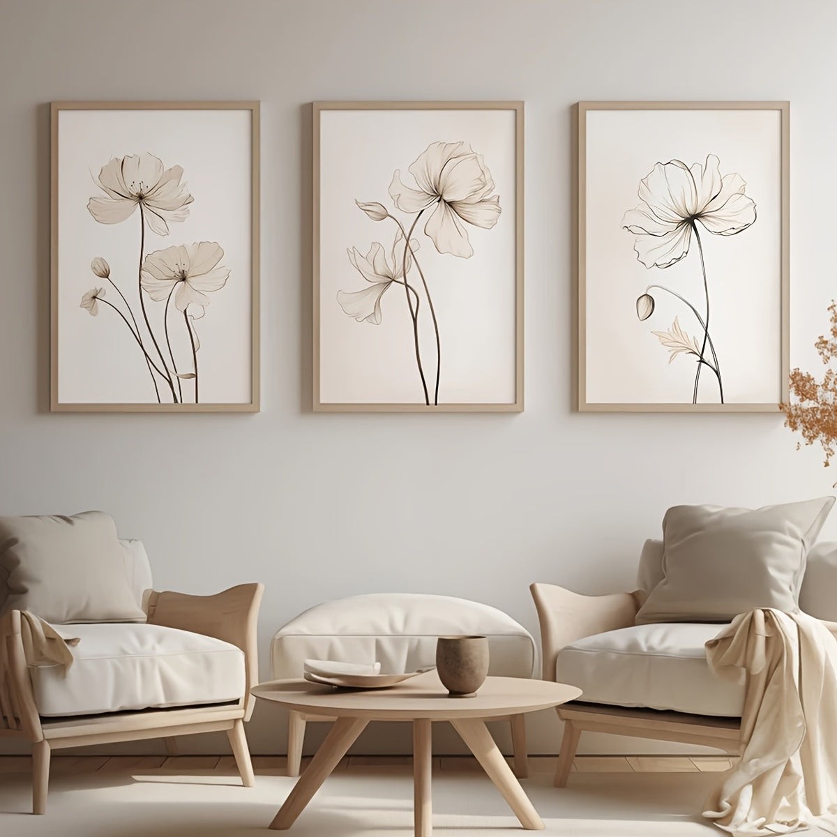 Minimalist Flower Canvas Wall Art Set of 3, Black Botanical Line Prints in Beige for Living Room — artwork and room preview