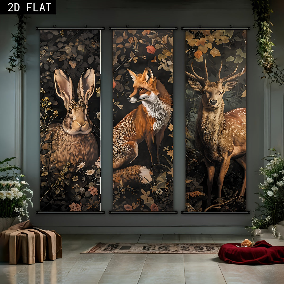 Woodland Animal Canvas Wall Art Set of 3, Rabbit Fox and Deer with Dark Nordic Forest Florals — artwork and room preview