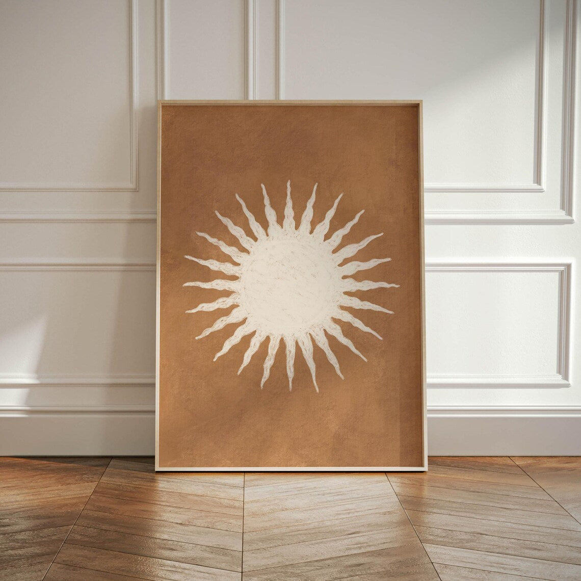 Neutral Sun Canvas Wall Art, Cream Sunburst on Warm Terracotta for Minimalist Boho Decor — artwork and room preview