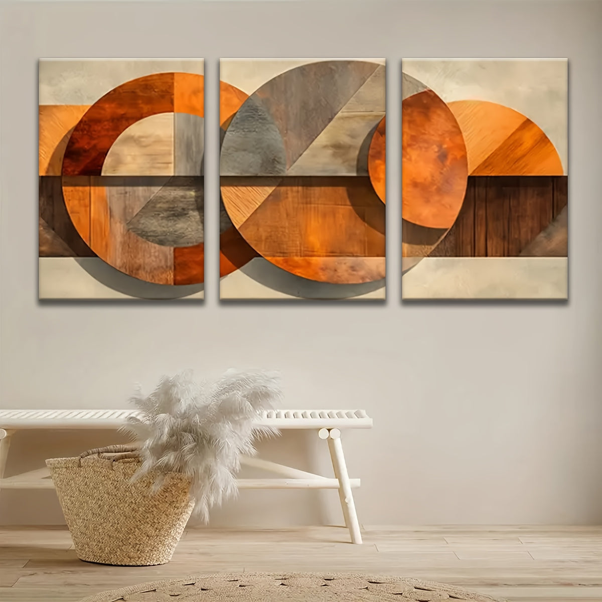 Abstract Geometric Canvas Wall Art Set of 3, Orange Brown and Grey Wood Effect Shapes — artwork and room preview
