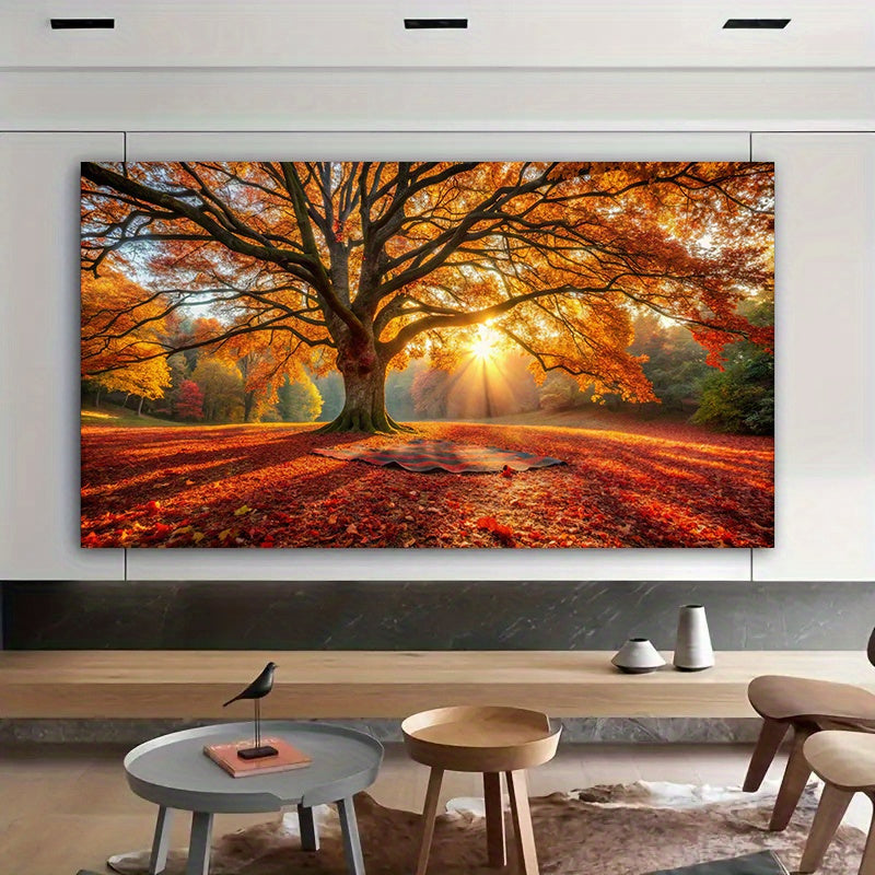 Autumn Tree Sunrise Canvas Wall Art, Golden Light through Orange Leaves in a Peaceful Park — artwork and room preview